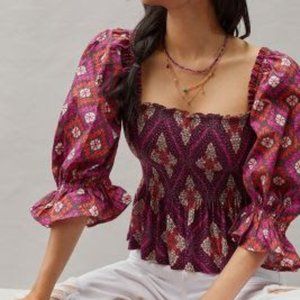 Anthropologie Red Motif Smocked Sweetheart Blouse - L